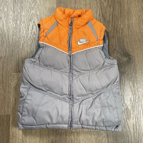 Nike Puffer Vest Youth Size 4 Orange Gray‎ BIG SWOOSH Full Zip - Picture 1 of 4